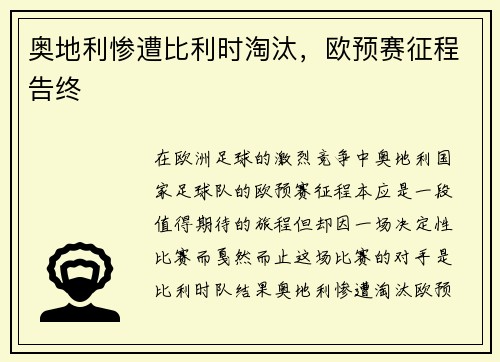 奥地利惨遭比利时淘汰，欧预赛征程告终