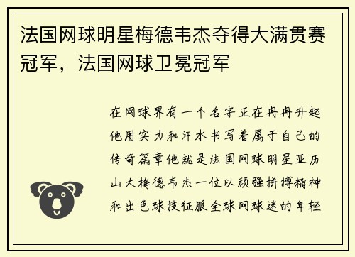 法国网球明星梅德韦杰夺得大满贯赛冠军，法国网球卫冕冠军