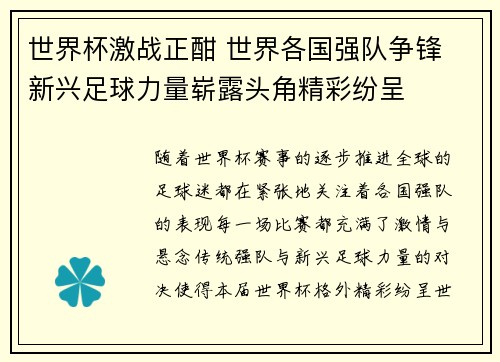 世界杯激战正酣 世界各国强队争锋 新兴足球力量崭露头角精彩纷呈