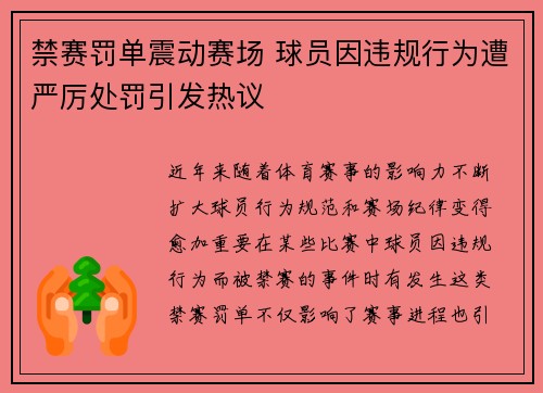 禁赛罚单震动赛场 球员因违规行为遭严厉处罚引发热议